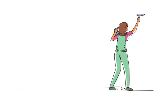 recommend clip art: Single continuous line drawing woman janitors cleaners cleaning windows with cleaning tools. Professional employee of cleaning company working process. Dynamic one line draw design vector illustration