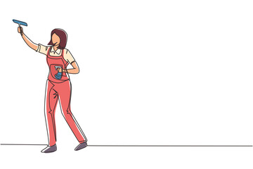 Single continuous line drawing female professional busy janitor wiping indoors, office cleaning, window, floor washing, young, happy, wearing overall, protective gloves. One line draw design vector