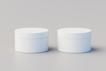 White Plastic Cosmetic Multiple Jars Mockup. 3D Illustration