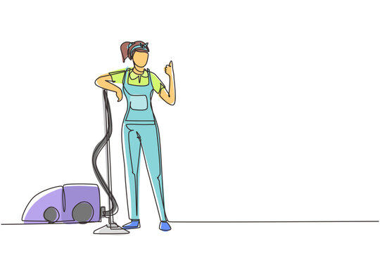 recommend clip art: Single continuous line drawing worker of cleaning service. Woman dressed in uniform with vacuum cleaner. Washing, cleaning service. Disinfection and cleaning one line draw design vector illustration