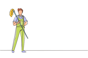 Continuous one line drawing happy male cleaning staff member is holding mop in gloves on white background. Concept of different people like working in cleaning service. Single line draw design vector