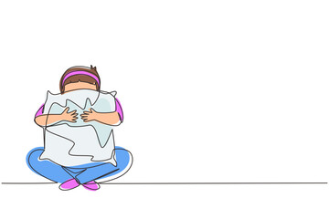 Single continuous line drawing little boy holding pillow ready to sleep. Happy child wearing pajamas going to bed. He has a good night and sweet dream. One line draw graphic design vector illustration