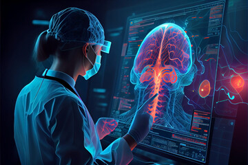 Futuristic biomedical concept of a doctor using advance holographic scanning a patient's brain neuron pathology and diagnostic scan