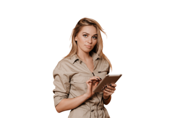 Attractive blonde Swedish girl in overall holds digital tablet looks at camera makes a note. Stunning caucasian young woman standing against transparent background. Education, knowledge.