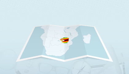 Map of Zimbabwe with the flag of Zimbabwe in the contour of the map on a trip abstract backdrop.