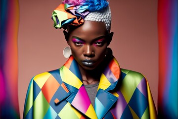 Afrikanisches Model mit extravagante Mode Kleidung und tollem Make-Up, ai generativ 