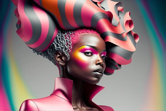 Afroamerikanisches Supermodel mit Designer Kleidung und tollem Make-Up. AI generativ