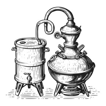 Distillation apparatus sketch. Alcohol ethanol production, distillery. Retro alcohol machine in vintage engraving style