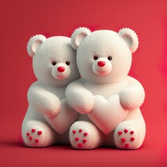 two white teddy bears cuddling with white valentines heart