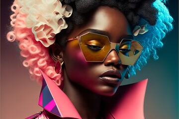 Afroamerikanisches Supermodel mit Designer Kleidung und tollem Make-Up. AI generativ - obrazy, fototapety, plakaty