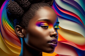 Fototapeta premium Afroamerikanisches Supermodel mit Designer Kleidung und tollem Make-Up Nahaufnahme, AI generativ