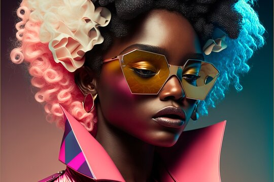 Afroamerikanisches Supermodel mit Designer Kleidung und tollem Make-Up Nahaufnahme, AI generativ