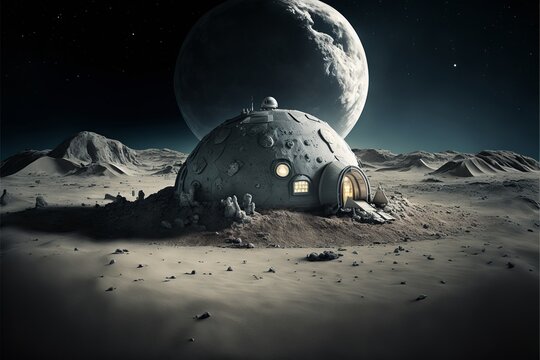 Wüstenlandschaft mit einem Haus und dem Mond ganz nah, ai generativ