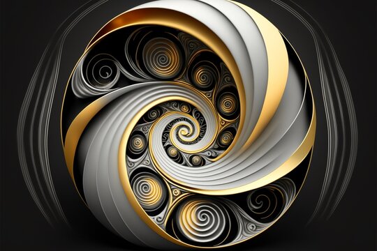 Abstraktes Fibonacci Gebilde, kunstvoll in Gold und Schwarz, ai generativ