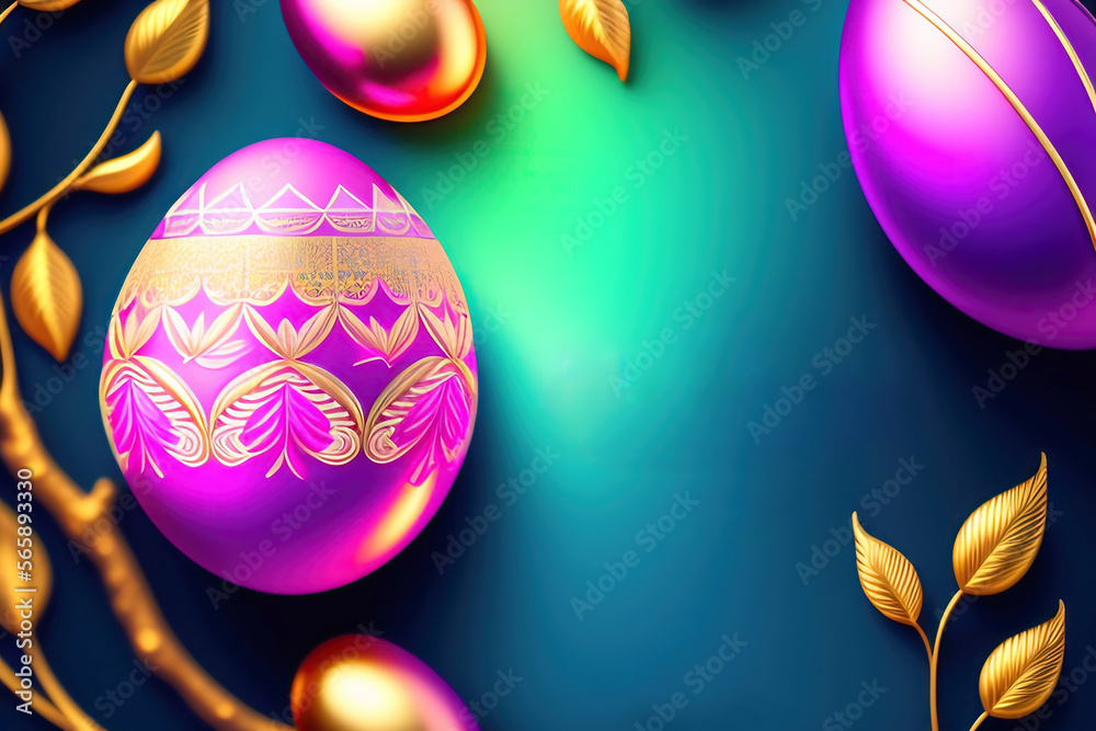 Poster Multi-colored painted patterns Easter eggs on a blue background in the form of a frame. Generative AI.