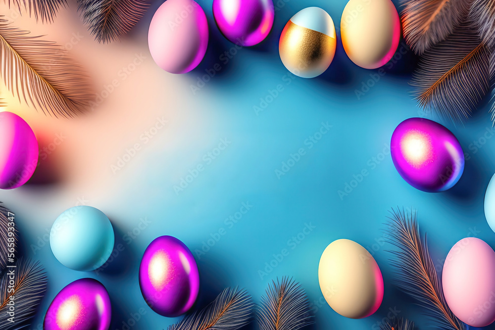 Poster Multi-colored Easter eggs and feathers on a blue background in the form of a frame. Generative AI.