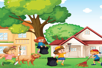 family in the garden, children's book illustration