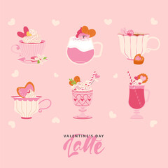 Happy Valentines Day hot drinks set with flower and sweets, cream on pink background. Vector rose latte illustration