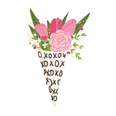 Tulip and roses flowers bouquet isolated on white background. Flower arrangement. Vector spring valentines day illustration