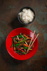 beef with snap peas, asian dish with rice