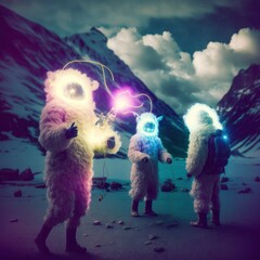Explorers wearing fur suits with illuminated helmets standing in a mountain landscape with clouds in the background - generative AI