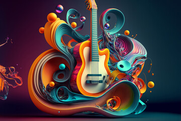 Plakat Creative music with colorful giutar. Music vibes concept for concerts and festivals