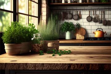 Wood table top with green plants on blur kitchen counter (room)background.