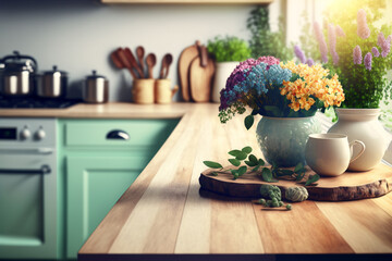 Wood table top on blur kitchen counter (room)background.