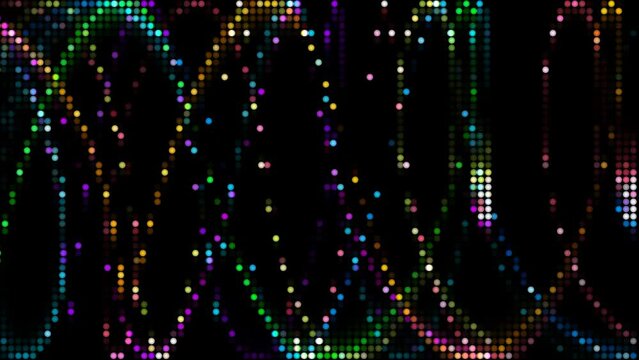 Spiral particles ball abstract spot light violet purple green magenta orange blue and aqua glow energy rotating around on black background