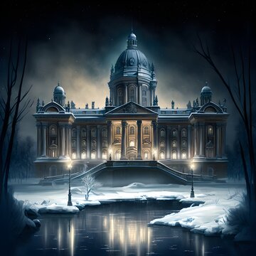 fantasy winter palace with snow with a river running near it at night 