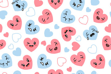 Pink and Blue Hearts Kawaii, Seamless Pattern. Vector illustration. Valentines day background.