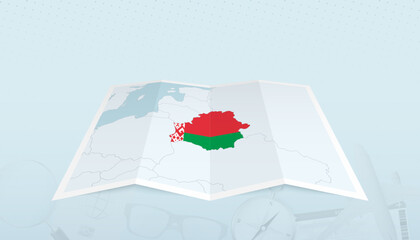 Map of Belarus with the flag of Belarus in the contour of the map on a trip abstract backdrop.