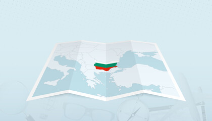 Map of Bulgaria with the flag of Bulgaria in the contour of the map on a trip abstract backdrop. - obrazy, fototapety, plakaty
