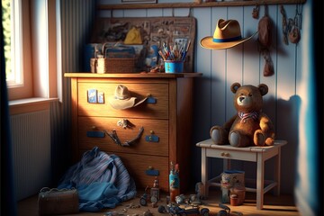 Country interior style children room with wooden dresser, cowboy hat and teddy bear