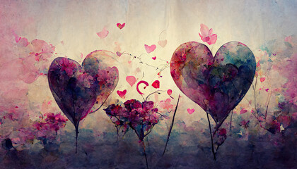 Valentine's Day Banner with Pink Watercolor Love Heart. Beautiful Flowers Design with copy-space