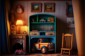 Colorful country interior style children's room with toys and wooden furnitures at night