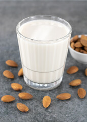 Almond milk in a glass and almonds on a gray background. Selective focus. Lactose-free milk.