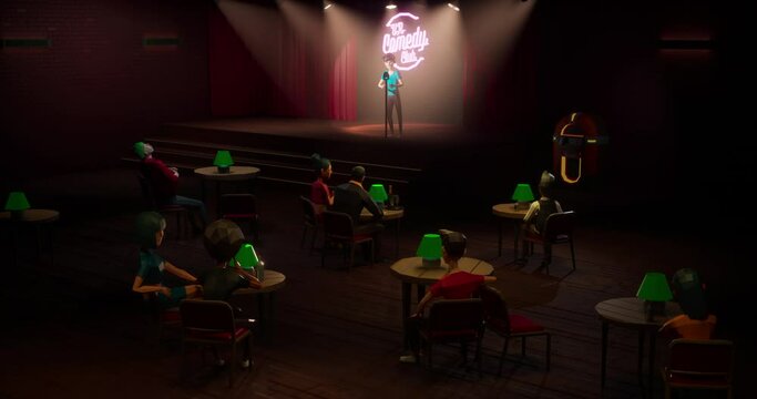 People playing as avatars watching live comedian performing stand-up monologue on a stage VR comedy club in metaverse, 3D rendering