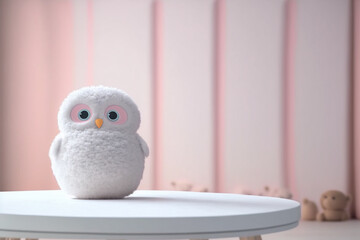 Perspective table with an owl plush toy in the baby room, Generative AI