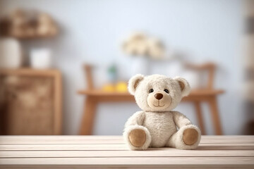 Perspective table with a teddy bear plush toy in the baby room, Generative AI
