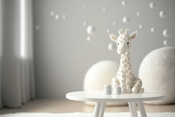 Perspective table with a giraffe plush toy in the baby room, Generative AI