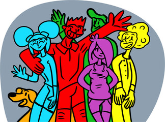 Vector drawing of group of five people three mans and two girls and dog.They’re in different height hairs colours and competition. In cartoon style flat.On white background isolated. Cheerful friends.