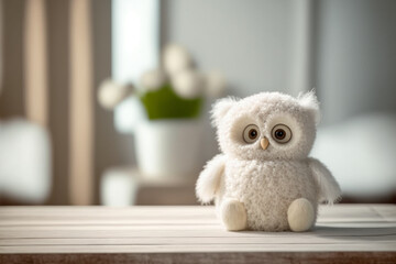 Perspective table with an owl plush toy in the baby room, Generative AI