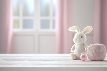 Perspective table with a bunny plush toy in the baby room, Generative AI - obrazy, fototapety, plakaty