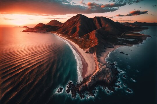 aerial beautiful shot of a seashore with hills on the background at sunset Generative AI © Suleyman