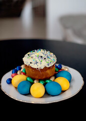 Easter eggs in blue and yellow colors of the flag of Ukraine. Stop war in Ukraine concept. Stand with Ukraine