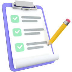 Clipboard icon with 3d pencil, for UI, poster, banner, social media post. 3D rendering