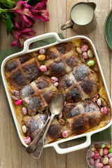 Bread and butter hot cross buns pudding