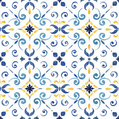 Watercolor vintage seamless pattern consisting of blue and yellow Mediterranean tiles and elements. Hand painted traditional illustration isolation on white background for design, print or background.