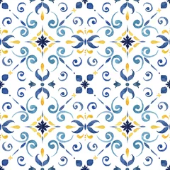 Foto op Plexiglas Watercolor vintage seamless pattern consisting of blue and yellow Mediterranean tiles and elements. Hand painted traditional illustration isolation on white background for design, print or background. © yuliya_derbisheva